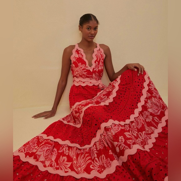 NWT FARM Rio Flowerful Birds Red Mix Midi Dress Sz XL - Picture 7 of 8